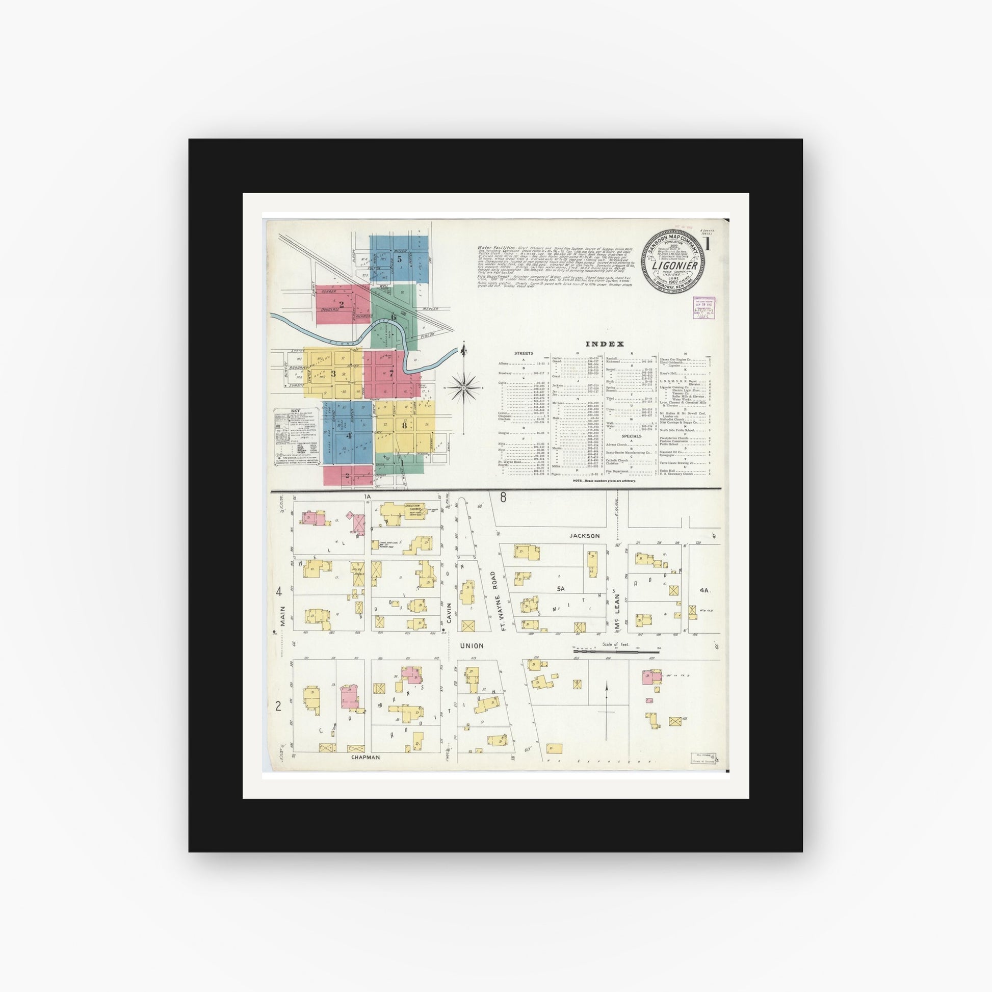 Old map wall art mockup — black gallery frame with white mat — Sanborn Fire Insurance Map from Ligonier, Noble County, Indiana (1907), Sheet #0001