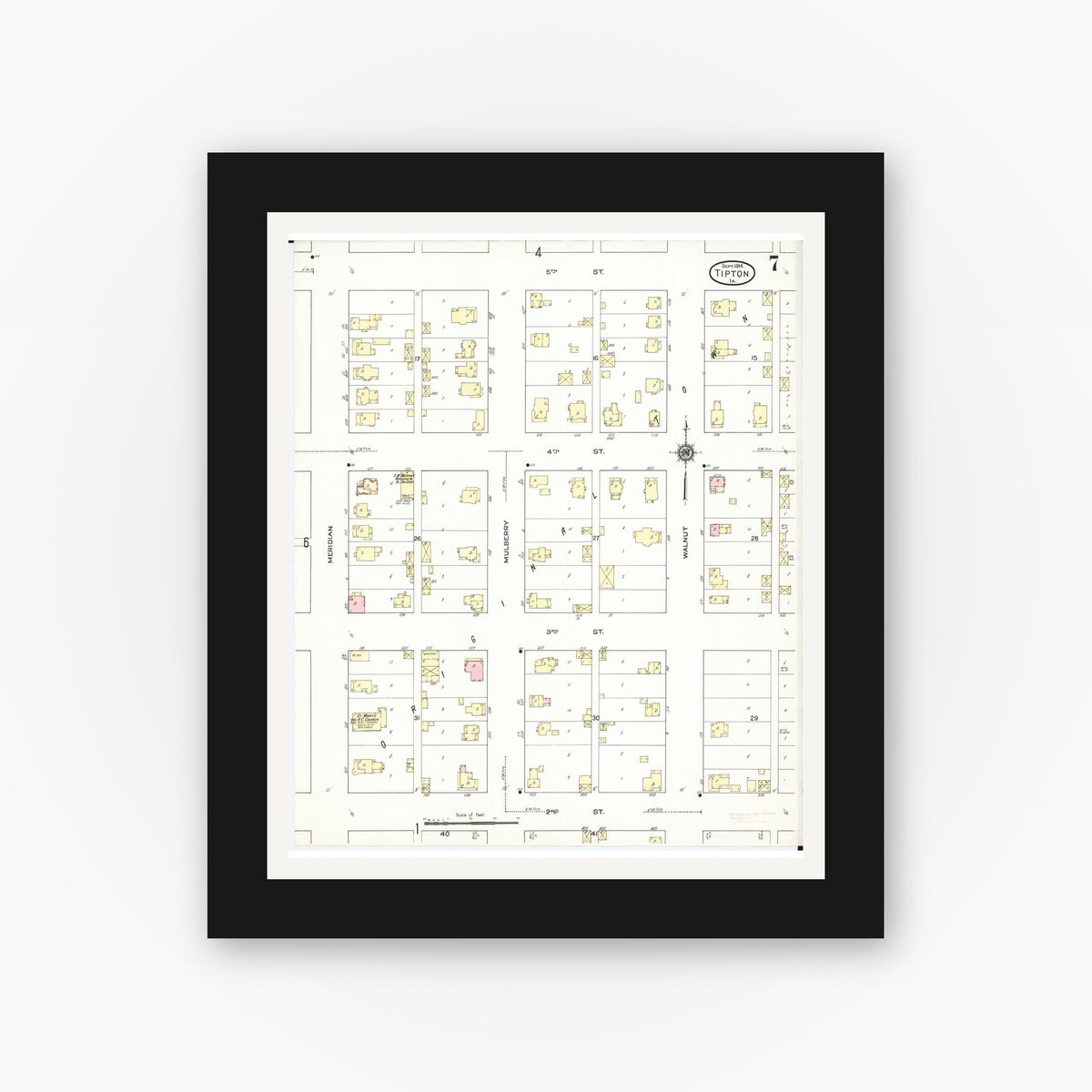 Old map wall art mockup — black gallery frame with white mat — Sanborn Fire Insurance Map from Tipton, Cedar County, Iowa (1914), Sheet #0007