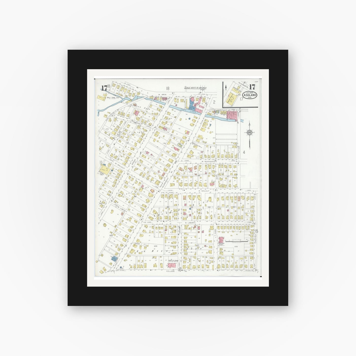 Old map wall art mockup — black gallery frame with white mat — Sanborn Fire Insurance Map from Ashland, Ashland County, Ohio (1930), Sheet #0017