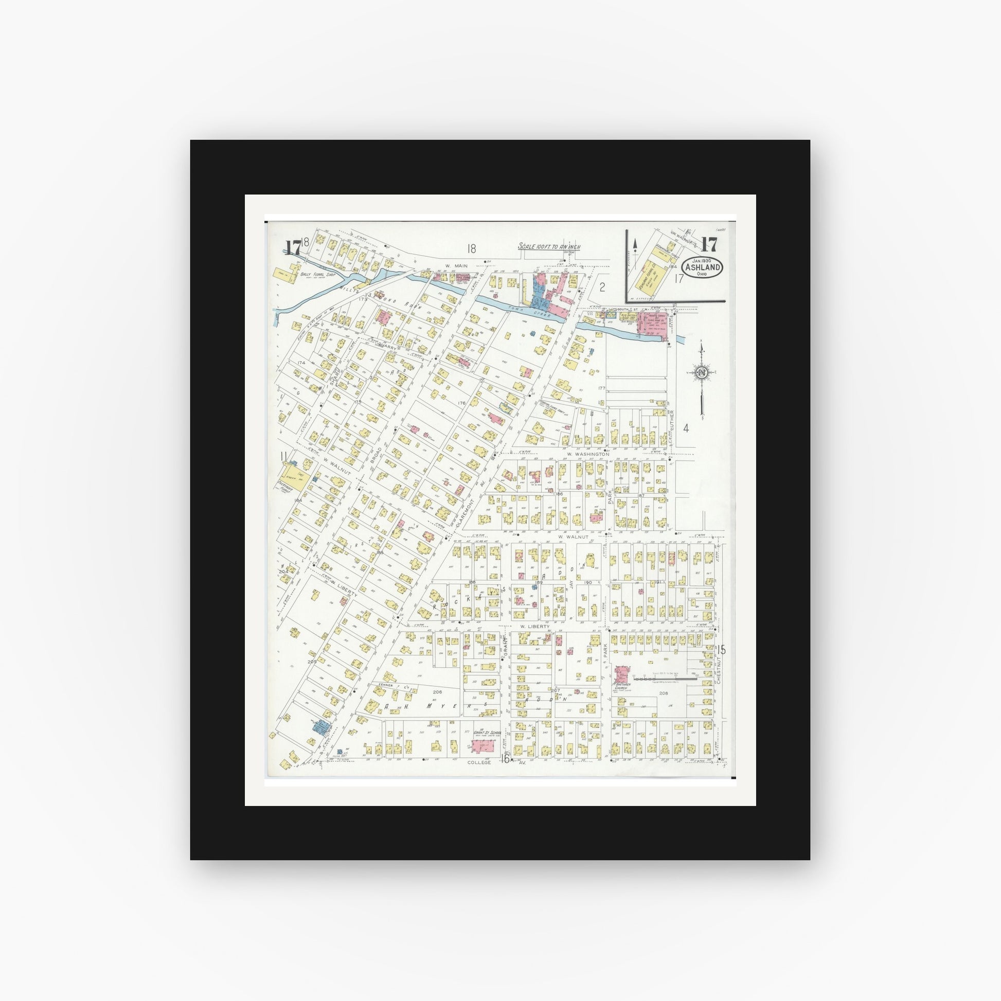 Old map wall art mockup — black gallery frame with white mat — Sanborn Fire Insurance Map from Ashland, Ashland County, Ohio (1930), Sheet #0017