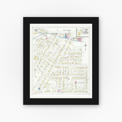 Old map wall art mockup — black gallery frame with white mat — Sanborn Fire Insurance Map from Ashland, Ashland County, Ohio (1930), Sheet #0017