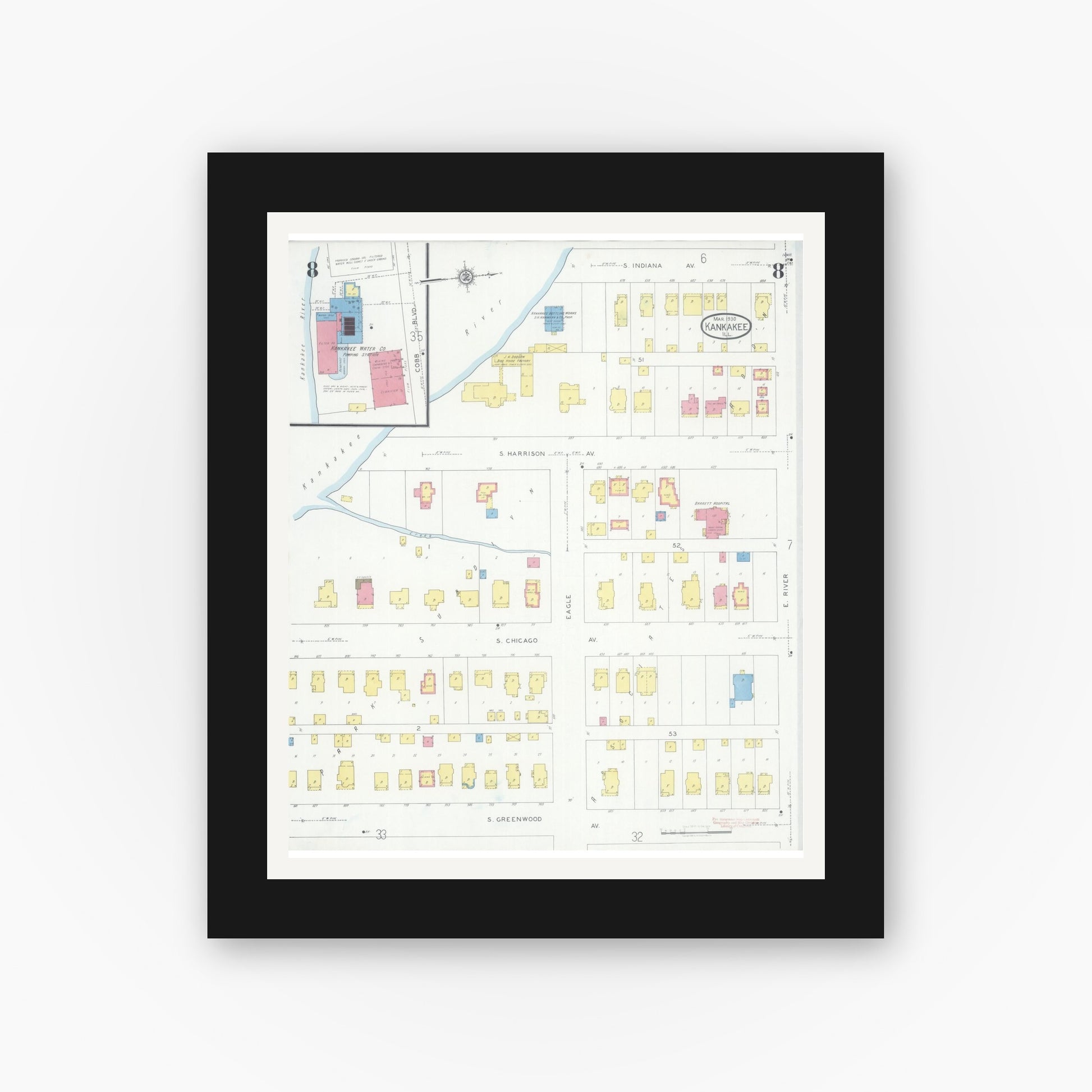 Old map wall art mockup — black gallery frame with white mat — Sanborn Fire Insurance Map from Kankakee, Kankakee County, Illinois (1930), Sheet #0008