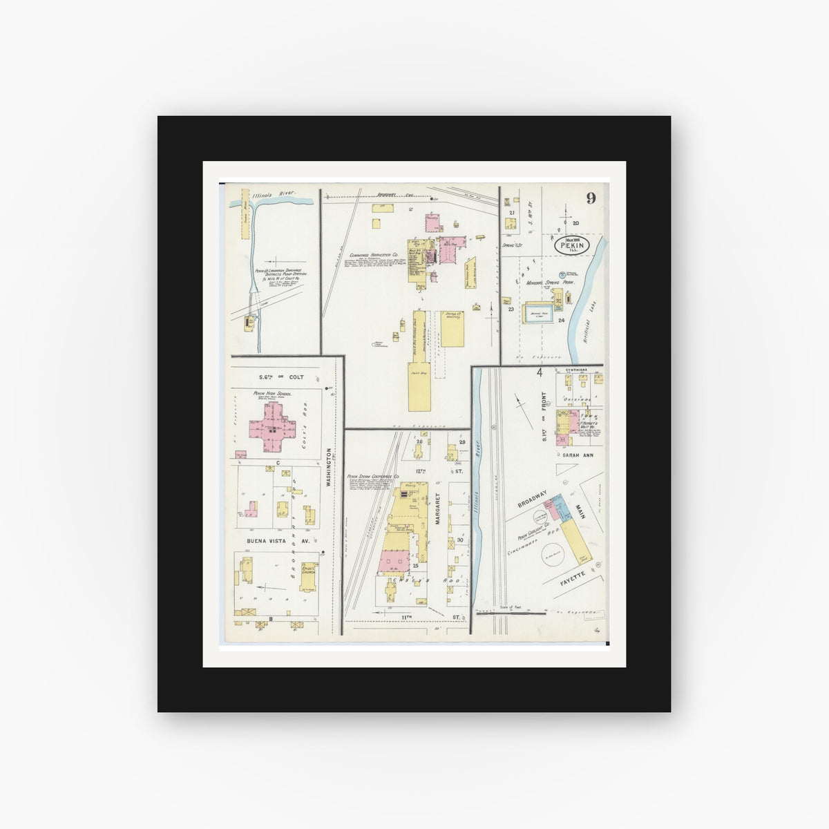 Old map wall art mockup — black gallery frame with white mat — Sanborn Fire Insurance Map from Pekin, Tazewell County, Illinois (1898), Sheet #0009