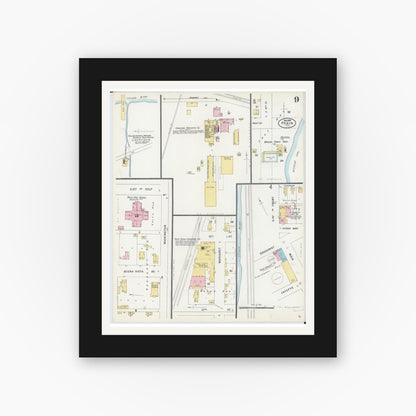 Old map wall art mockup — black gallery frame with white mat — Sanborn Fire Insurance Map from Pekin, Tazewell County, Illinois (1898), Sheet #0009