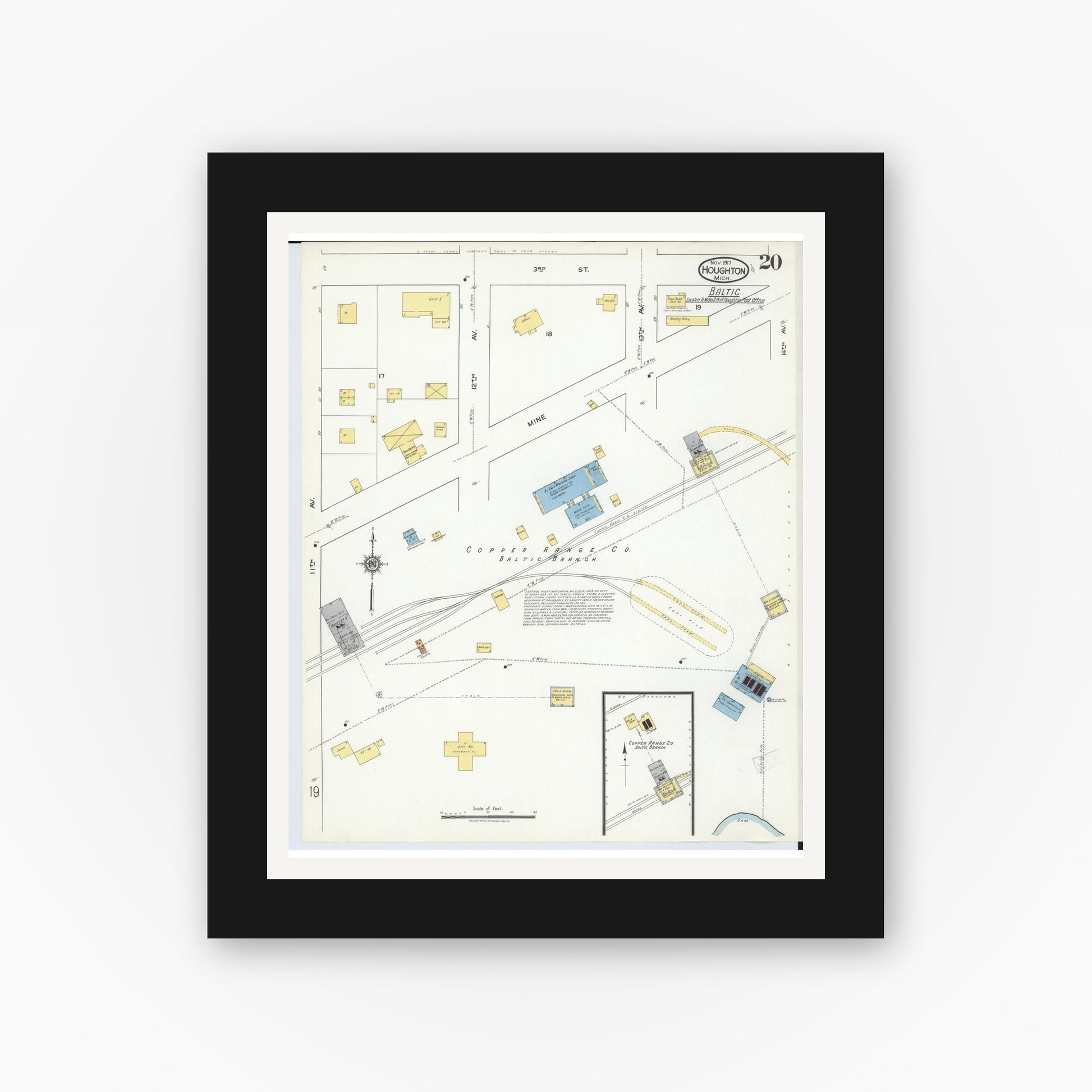 Old map wall art mockup — black gallery frame with white mat — Sanborn Fire Insurance Map from Houghton, Houghton County, Michigan (1917), Sheet #0020