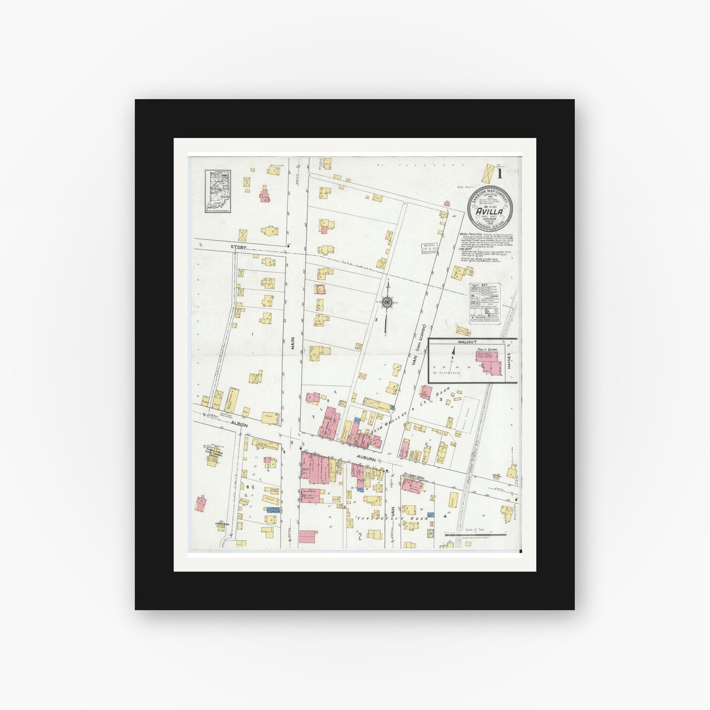 Old map wall art mockup — black gallery frame with white mat — Sanborn Fire Insurance Map from Avilla, Noble County, Indiana (1919), Sheet #0001
