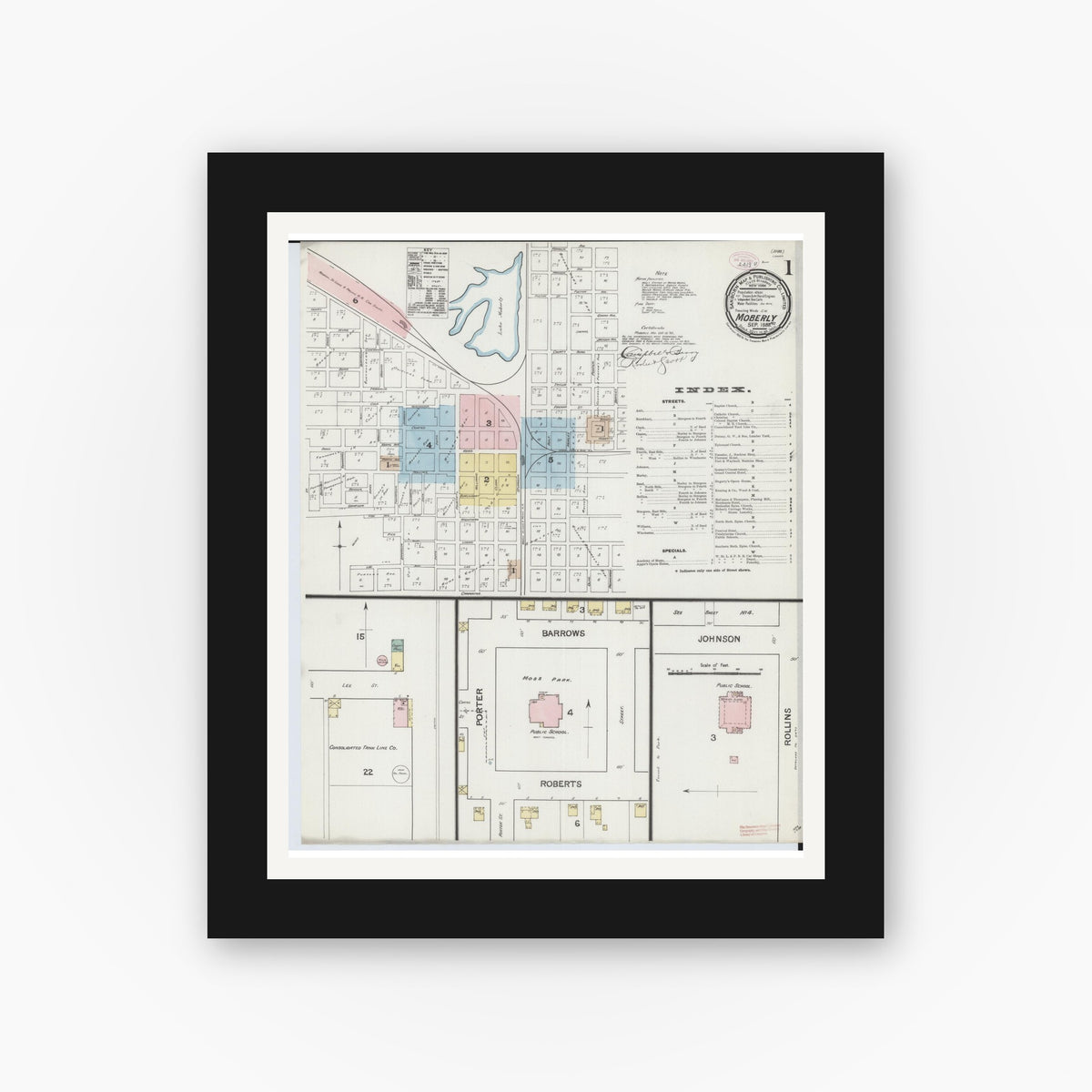 Old map wall art mockup — black gallery frame with white mat — Sanborn Fire Insurance Map from Moberly, Randolph County, Missouri (1888) - Complete Map Set
