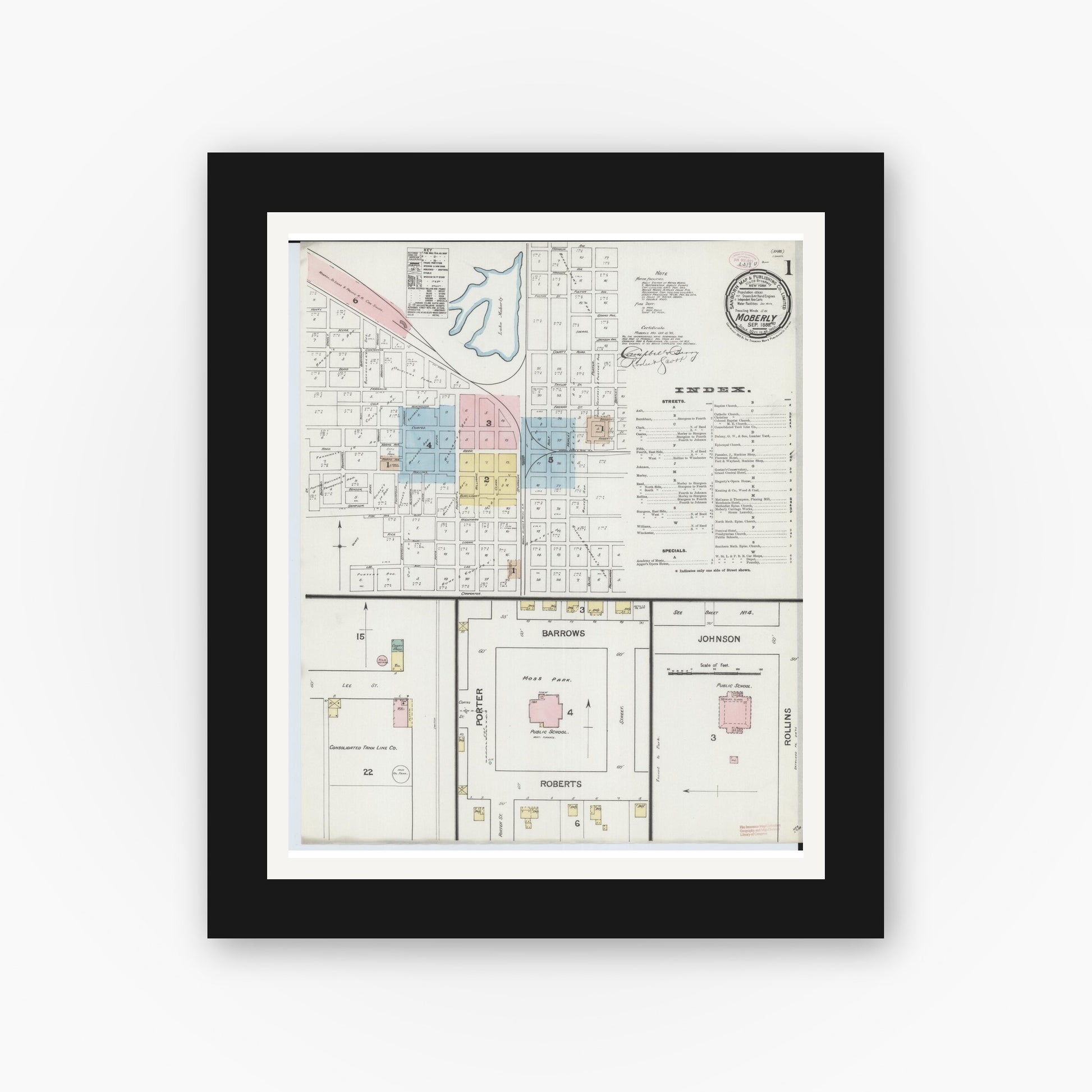 Old map wall art mockup — black gallery frame with white mat — Sanborn Fire Insurance Map from Moberly, Randolph County, Missouri (1888) - Complete Map Set