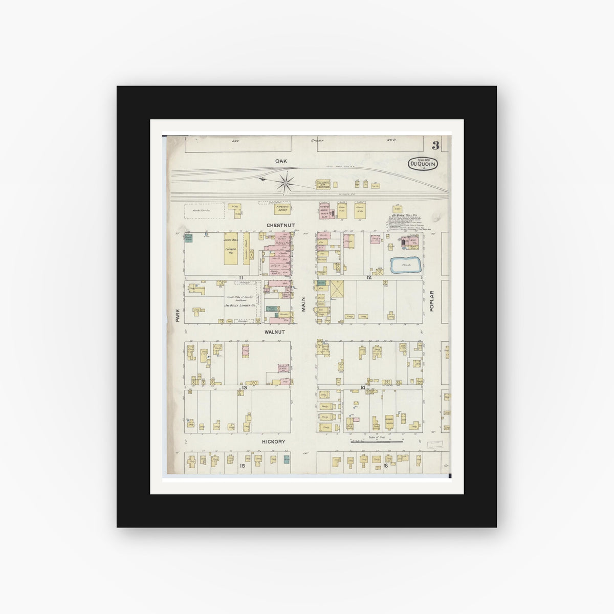 Old map wall art mockup — black gallery frame with white mat — Sanborn Fire Insurance Map from Du Quoin, Perry County, Illinois (1888), Sheet #0003