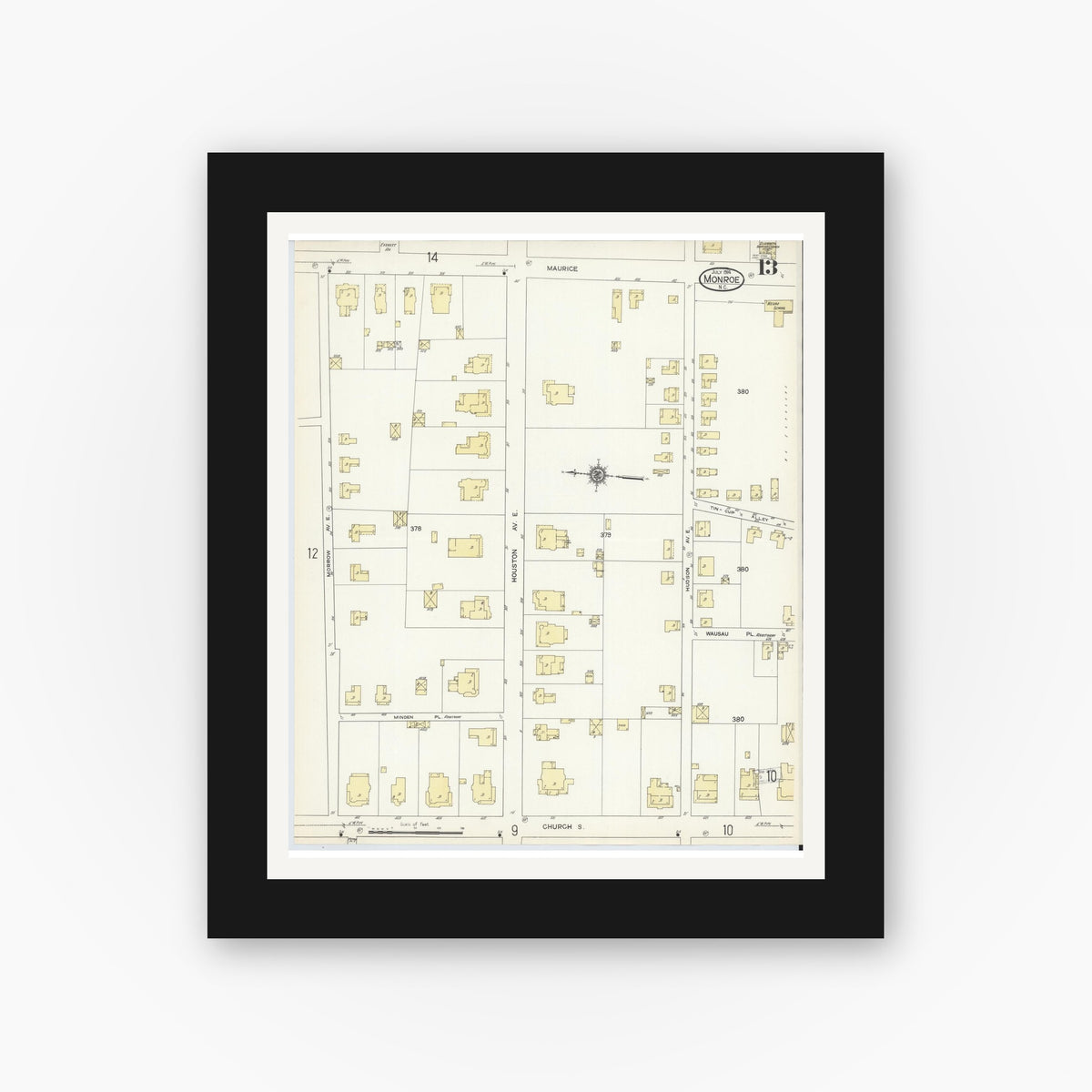 Old map wall art mockup — black gallery frame with white mat — Sanborn Fire Insurance Map from Monroe, Union County, North Carolina (1914), Sheet #0013