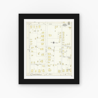 Old map wall art mockup — black gallery frame with white mat — Sanborn Fire Insurance Map from Monroe, Union County, North Carolina (1914), Sheet #0013