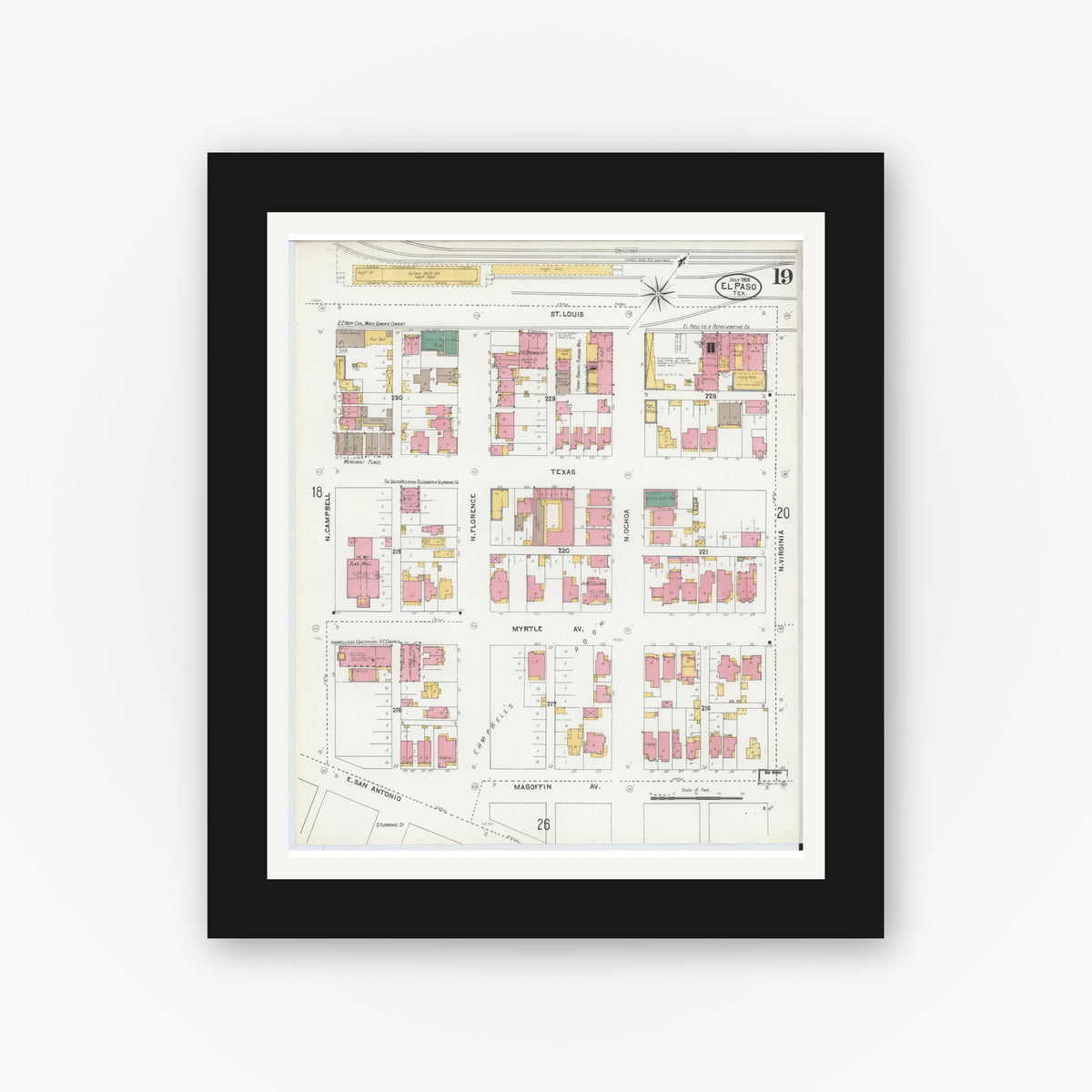 Old map wall art mockup — black gallery frame with white mat — Sanborn Fire Insurance Map from El Paso, El Paso County, Texas (1905), Sheet #0019