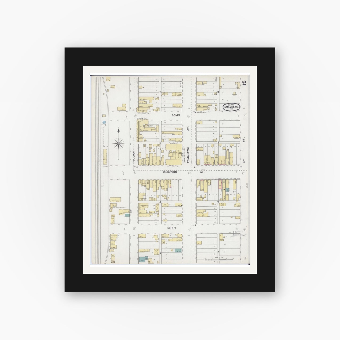 Old map wall art mockup — black gallery frame with white mat — Sanborn Fire Insurance Map from Tomahawk, Lincoln County, Wisconsin (1892), Sheet #0002