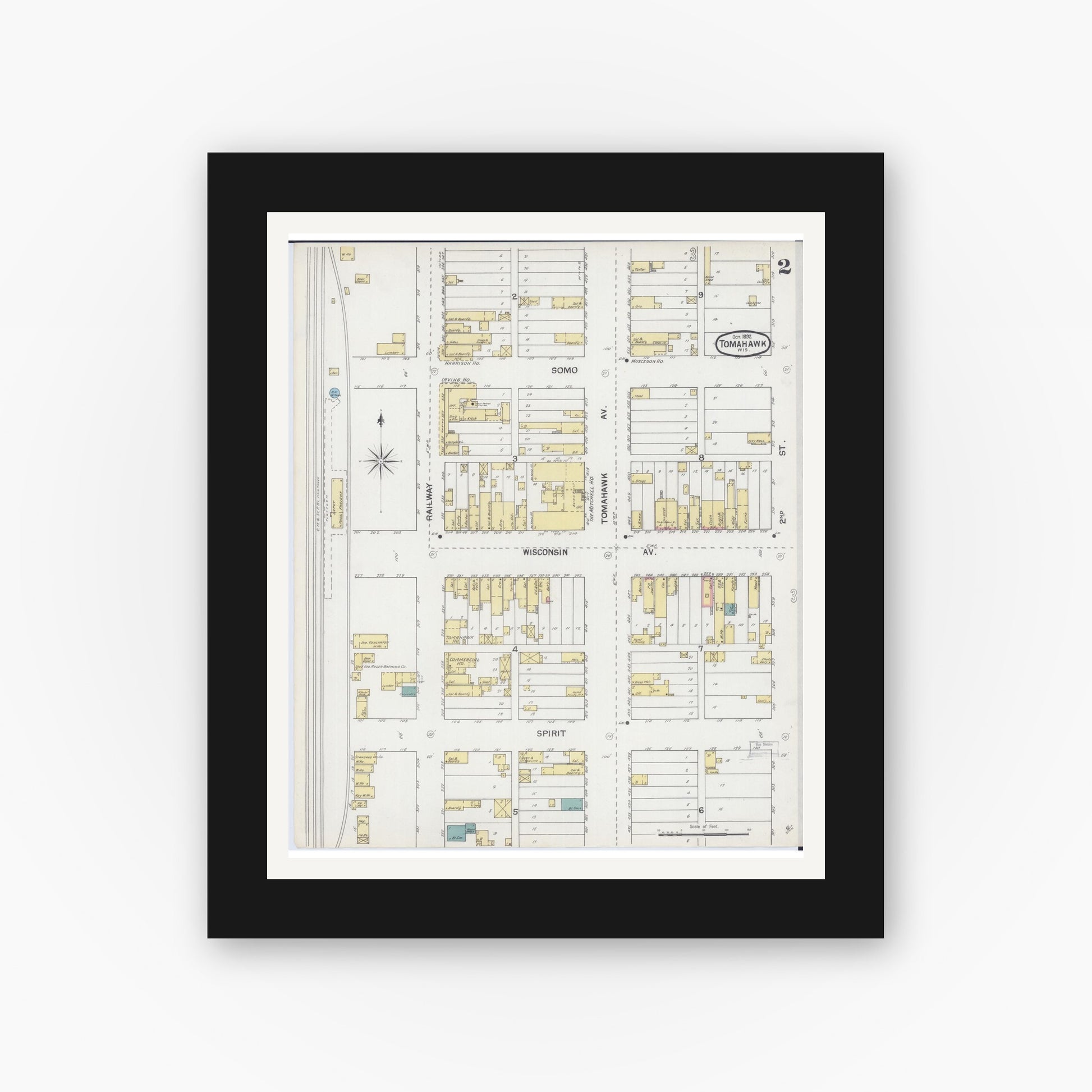 Old map wall art mockup — black gallery frame with white mat — Sanborn Fire Insurance Map from Tomahawk, Lincoln County, Wisconsin (1892), Sheet #0002