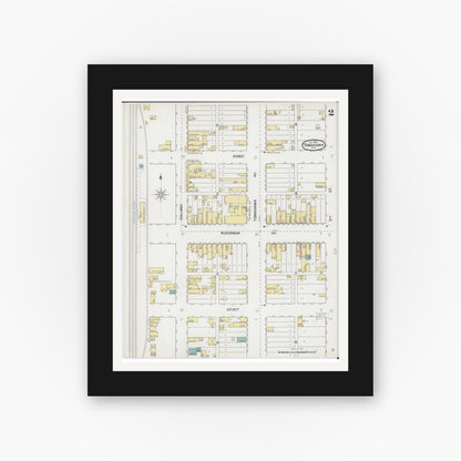 Old map wall art mockup — black gallery frame with white mat — Sanborn Fire Insurance Map from Tomahawk, Lincoln County, Wisconsin (1892), Sheet #0002