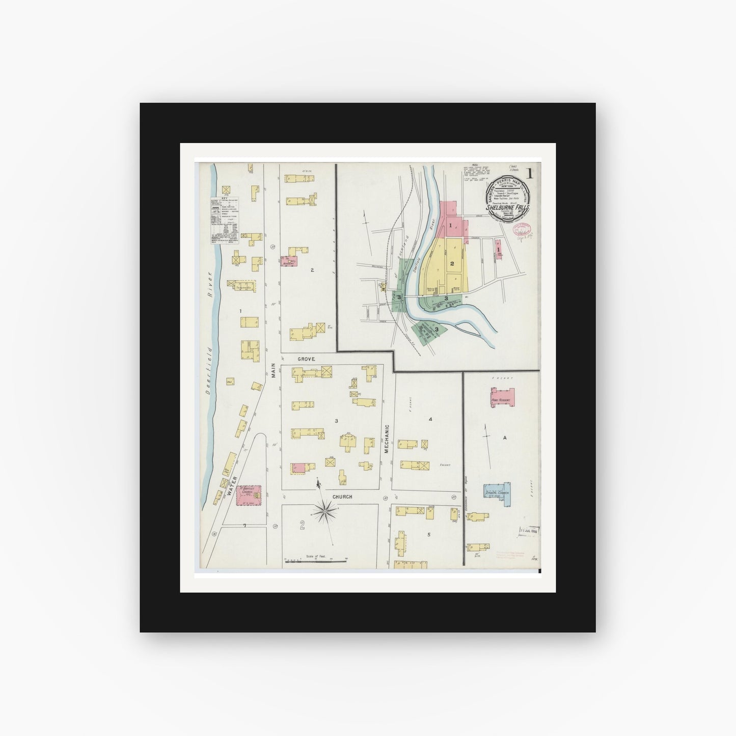 Old map wall art mockup — black gallery frame with white mat — Sanborn Fire Insurance Map from Shelburne Falls, Franklin County, Massachusetts (1895) - Complete Map Set