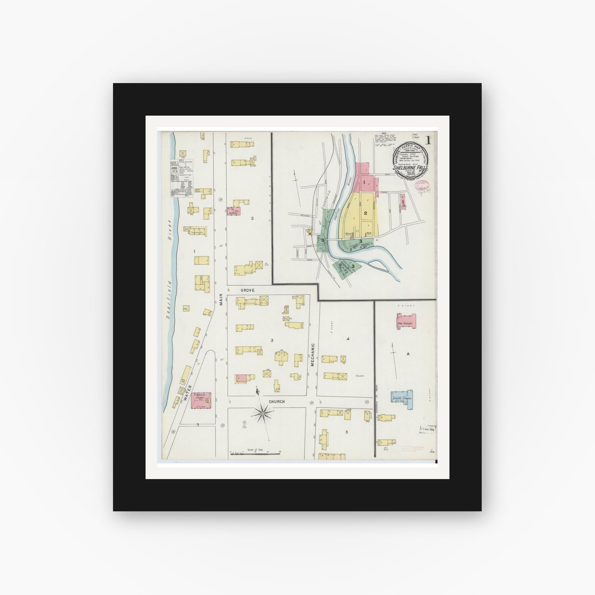 Old map wall art mockup — black gallery frame with white mat — Sanborn Fire Insurance Map from Shelburne Falls, Franklin County, Massachusetts (1895) - Complete Map Set