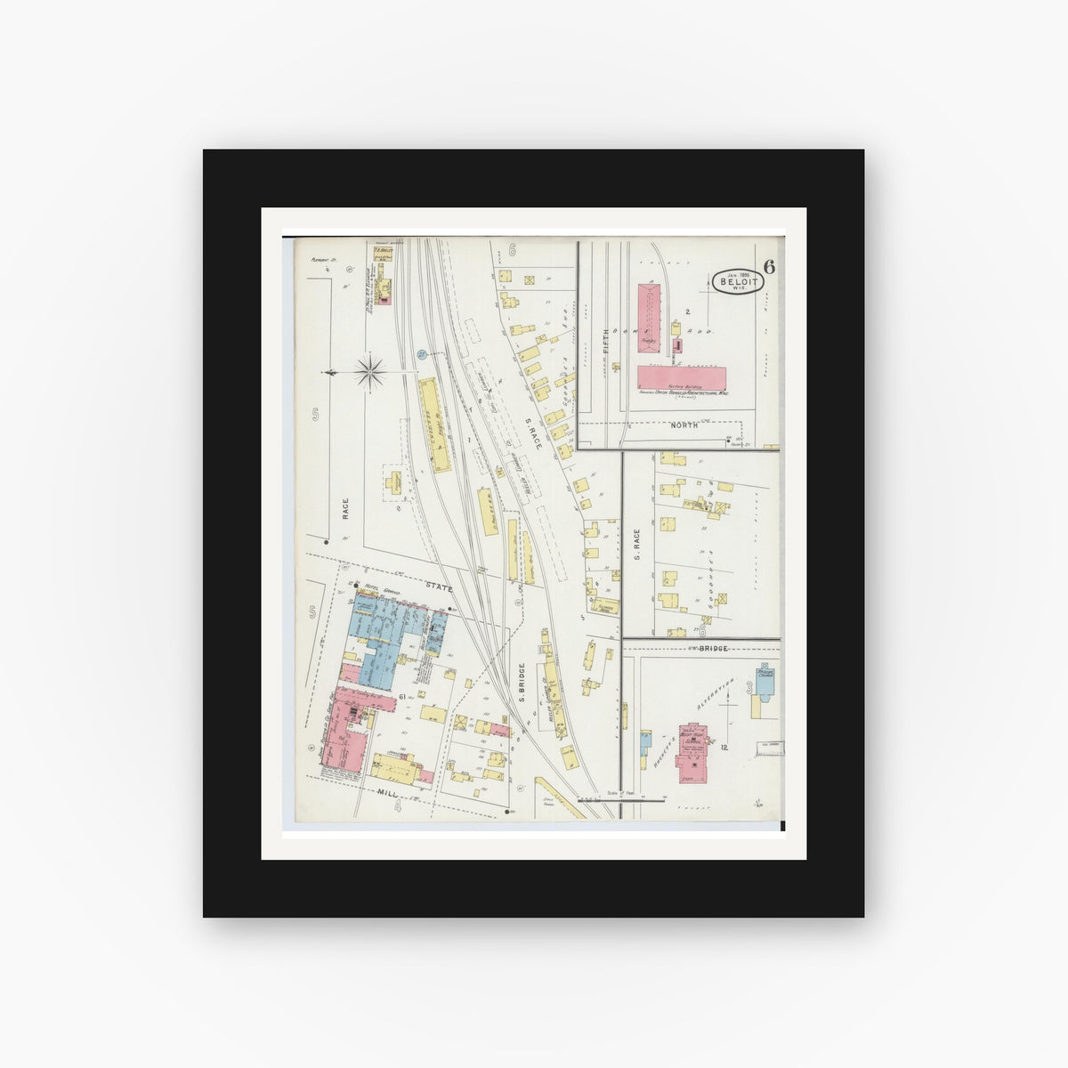 Old map wall art mockup — black gallery frame with white mat — Sanborn Fire Insurance Map from Beloit, Rock County, Wisconsin (1895), Sheet #0006