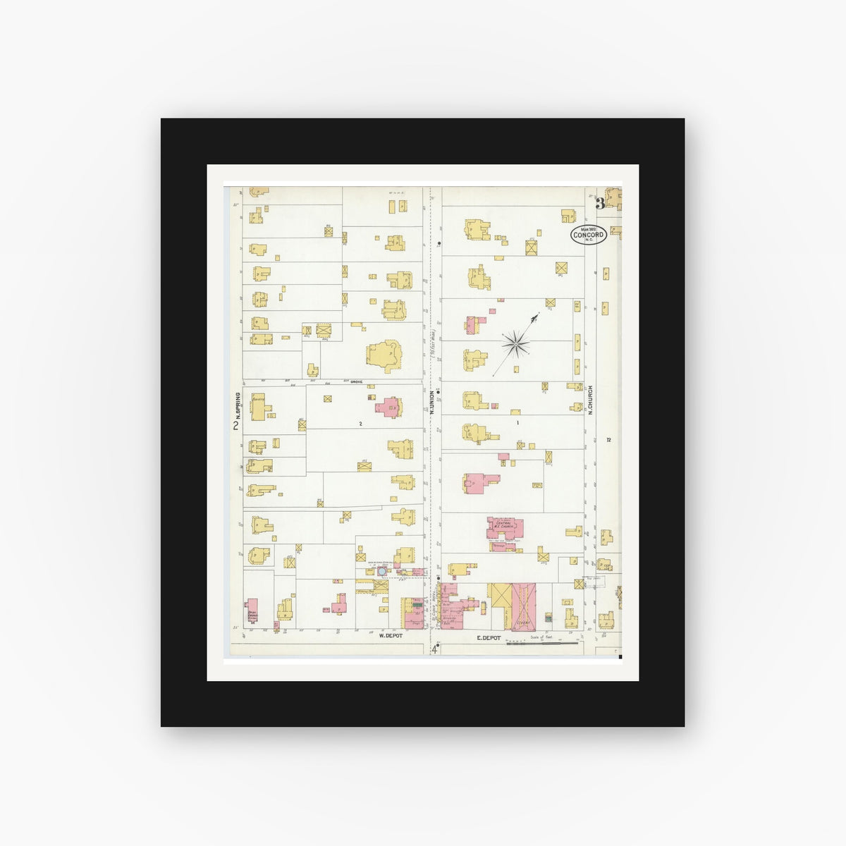 Old map wall art mockup — black gallery frame with white mat — Sanborn Fire Insurance Map from Concord, Cabarrus County, North Carolina (1902), Sheet #0003