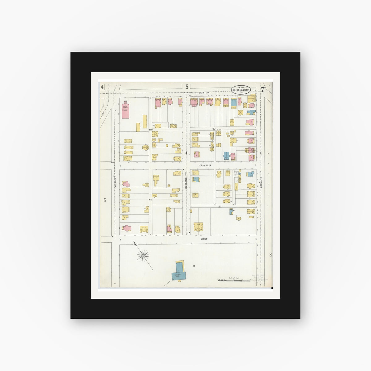 Old map wall art mockup — black gallery frame with white mat — Sanborn Fire Insurance Map from Doylestown, Bucks County, Pennsylvania (1904), Sheet #0007