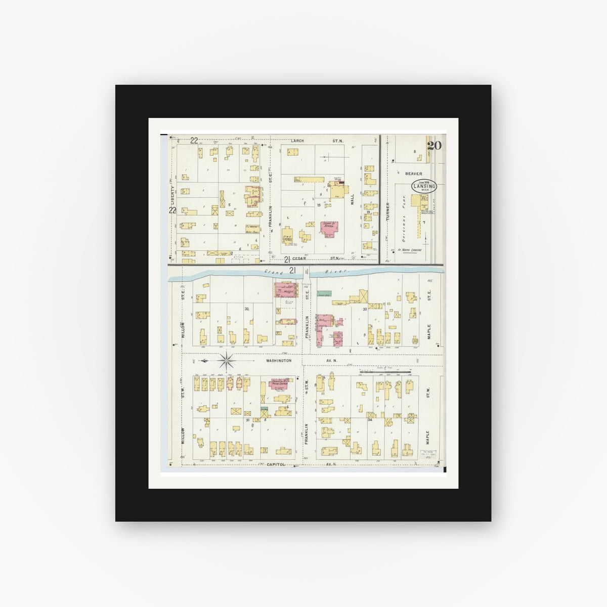 Old map wall art mockup — black gallery frame with white mat — Sanborn Fire Insurance Map from Lansing, Ingham County, Michigan (1898), Sheet #0020