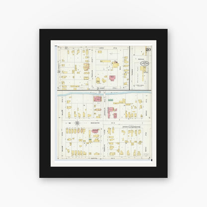 Old map wall art mockup — black gallery frame with white mat — Sanborn Fire Insurance Map from Lansing, Ingham County, Michigan (1898), Sheet #0020