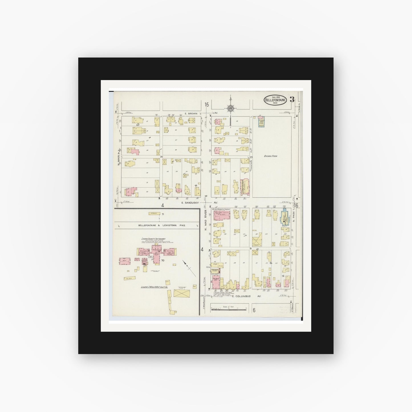 Old map wall art mockup — black gallery frame with white mat — Sanborn Fire Insurance Map from Bellefontaine, Logan County, Ohio (1914), Sheet #0003