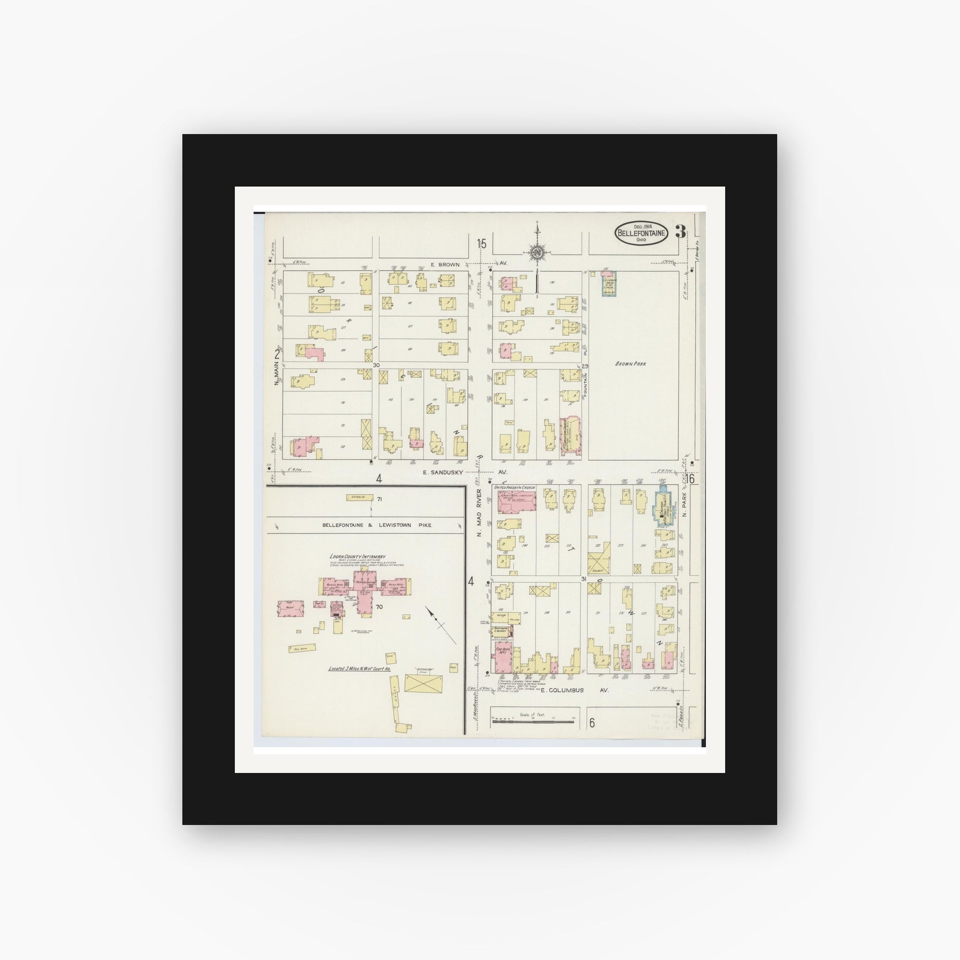 Old map wall art mockup — black gallery frame with white mat — Sanborn Fire Insurance Map from Bellefontaine, Logan County, Ohio (1914), Sheet #0003