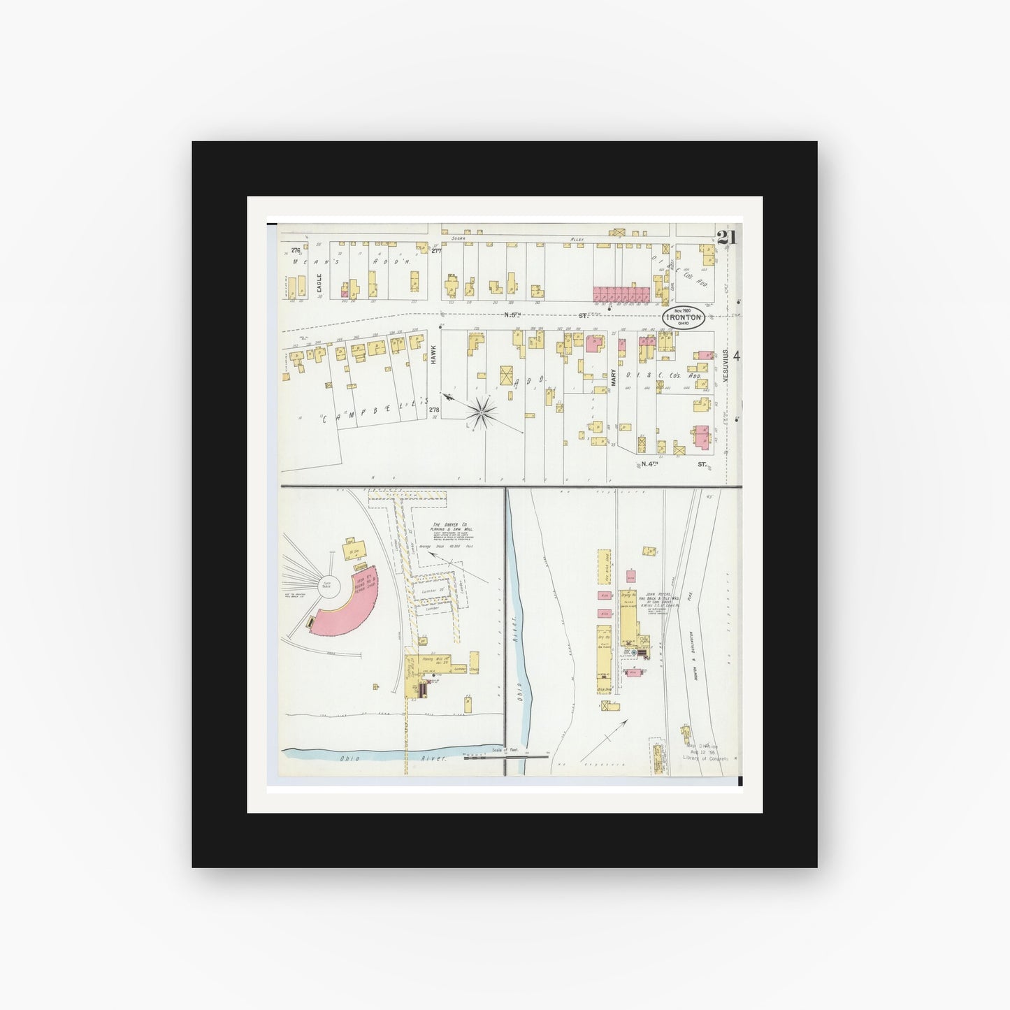 Old map wall art mockup — black gallery frame with white mat — Sanborn Fire Insurance Map from Ironton, Lawrence County, Ohio (1900), Sheet #0021