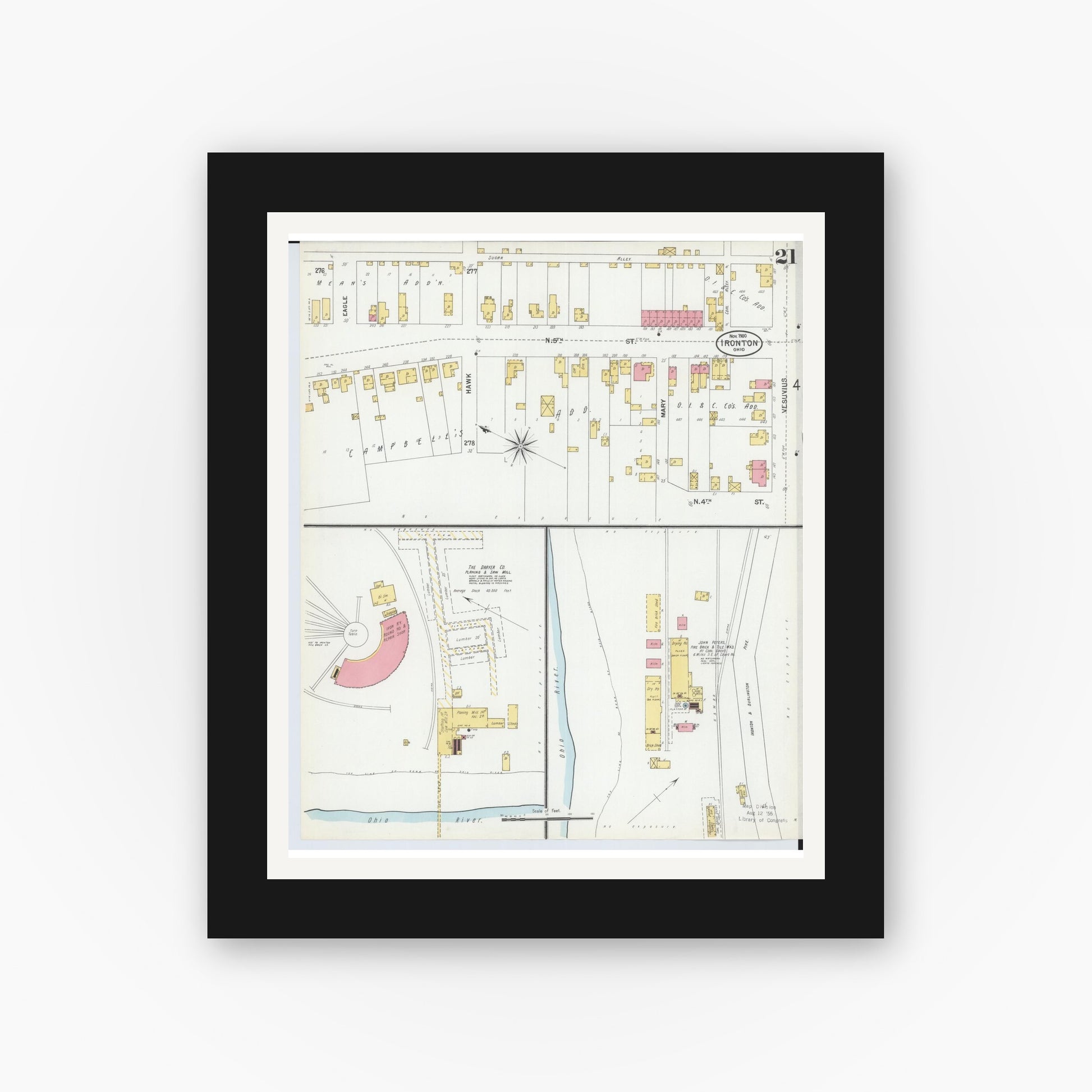 Old map wall art mockup — black gallery frame with white mat — Sanborn Fire Insurance Map from Ironton, Lawrence County, Ohio (1900), Sheet #0021