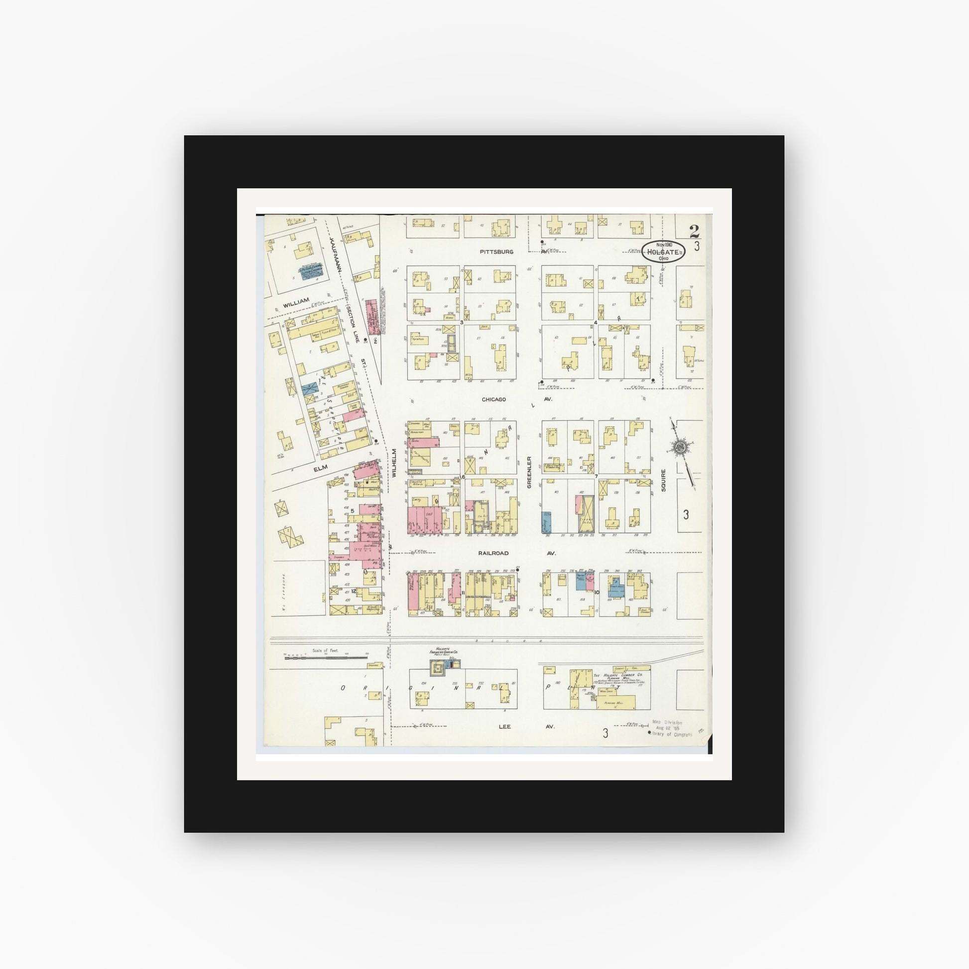 Old map wall art mockup — black gallery frame with white mat — Sanborn Fire Insurance Map from Holgate, Henry County, Ohio (1910), Sheet #0002