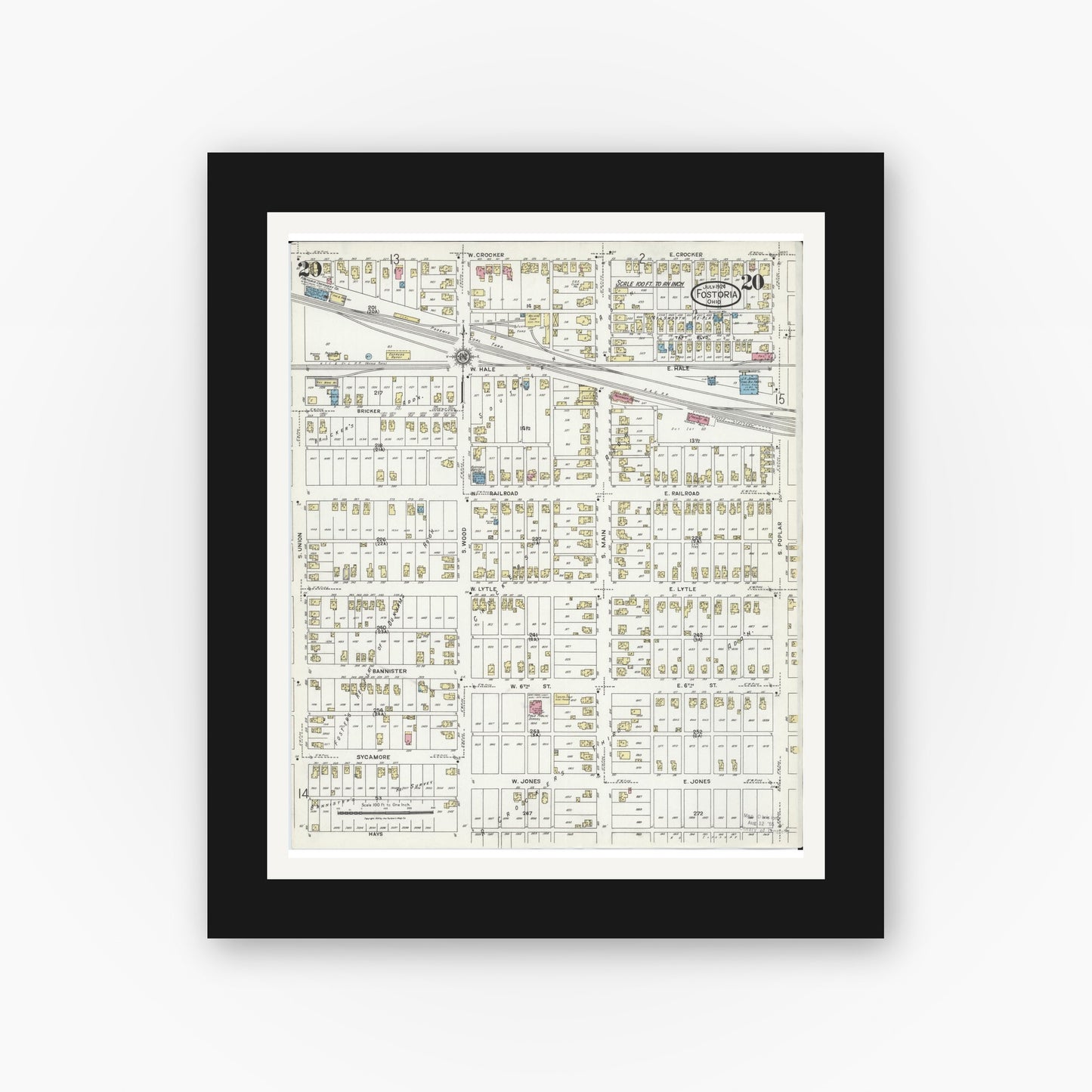 Old map wall art mockup — black gallery frame with white mat — Sanborn Fire Insurance Map from Fostoria, Seneca, Hancock, And Wood Counties, Ohio (1924), Sheet #0020
