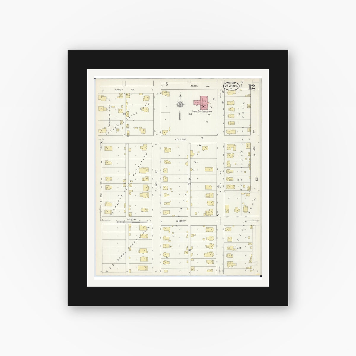Old map wall art mockup — black gallery frame with white mat — Sanborn Fire Insurance Map from Mount Vernon, Jefferson County, Illinois (1913), Sheet #0012