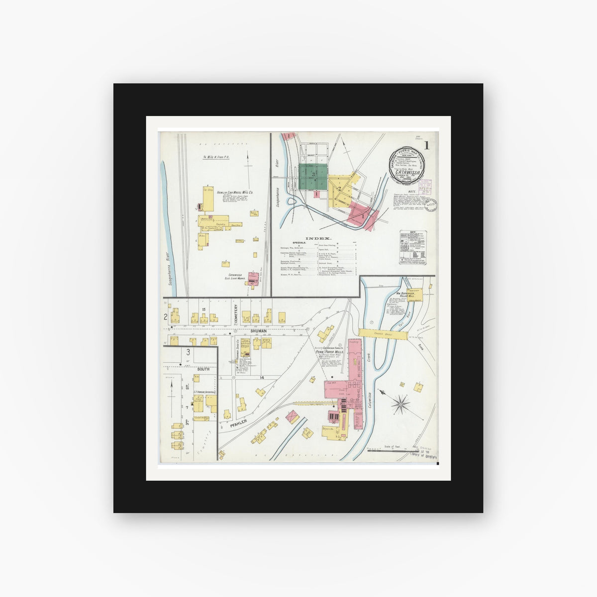 Old map wall art mockup — black gallery frame with white mat — Sanborn Fire Insurance Map from Catawissa, Columbia County, Pennsylvania (1901) - Complete Map Set