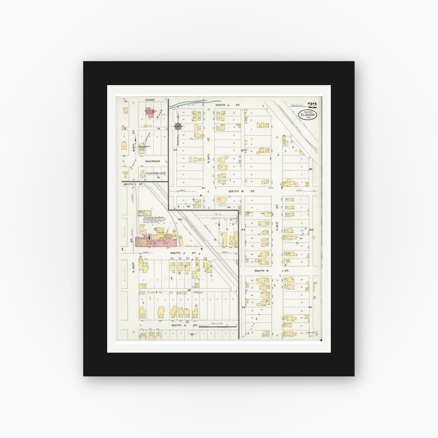 Old map wall art mockup — black gallery frame with white mat — Sanborn Fire Insurance Map from Elwood, Madison County, Indiana (1910), Sheet #0022