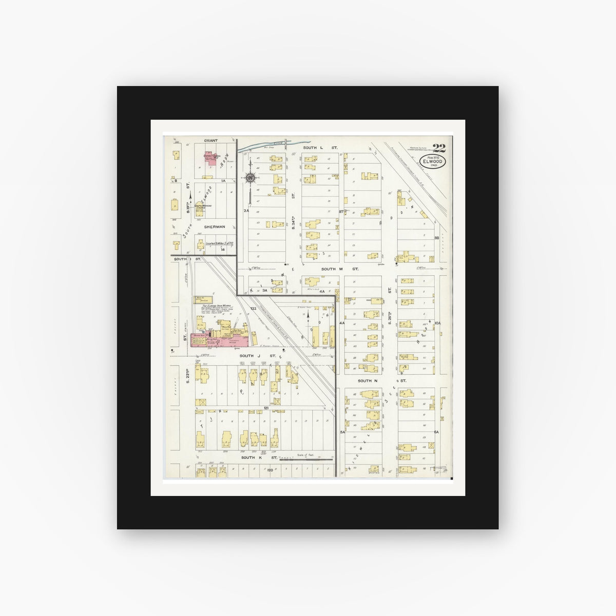 Old map wall art mockup — black gallery frame with white mat — Sanborn Fire Insurance Map from Elwood, Madison County, Indiana (1910), Sheet #0022