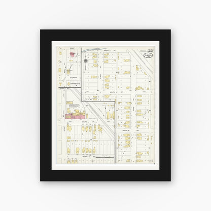 Old map wall art mockup — black gallery frame with white mat — Sanborn Fire Insurance Map from Elwood, Madison County, Indiana (1910), Sheet #0022