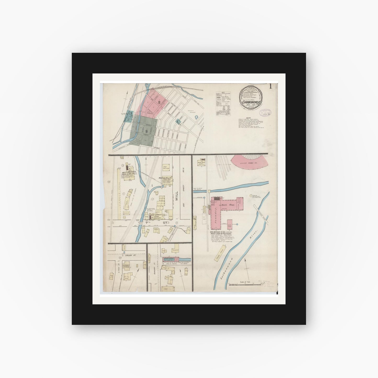 Old map wall art mockup — black gallery frame with white mat — Sanborn Fire Insurance Map from Carbondale, Lackawanna County, Pennsylvania (1885) - Complete Map Set