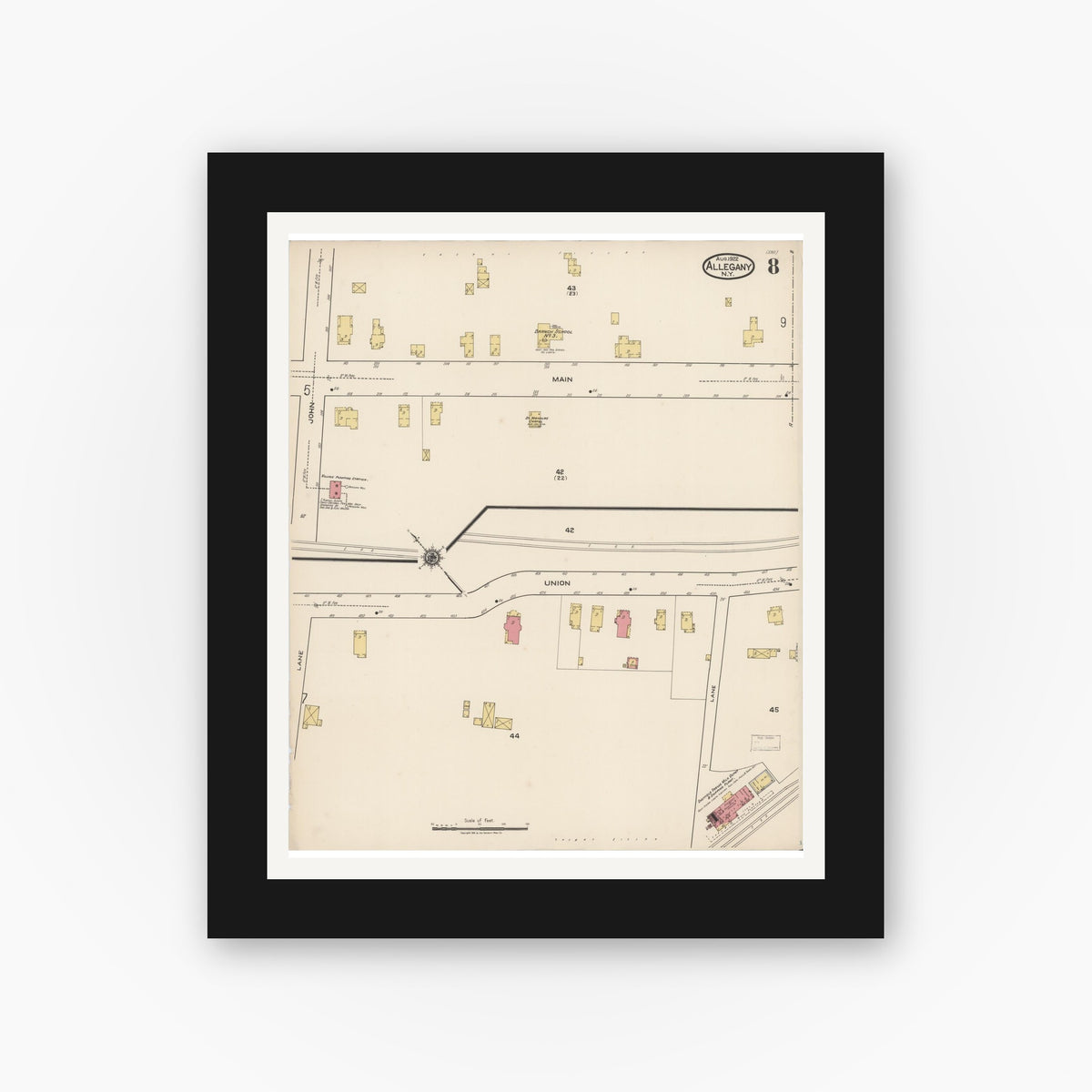 Old map wall art mockup — black gallery frame with white mat — Sanborn Fire Insurance Map from Allegany, Cattaraugus County, New York (1922), Sheet #0008