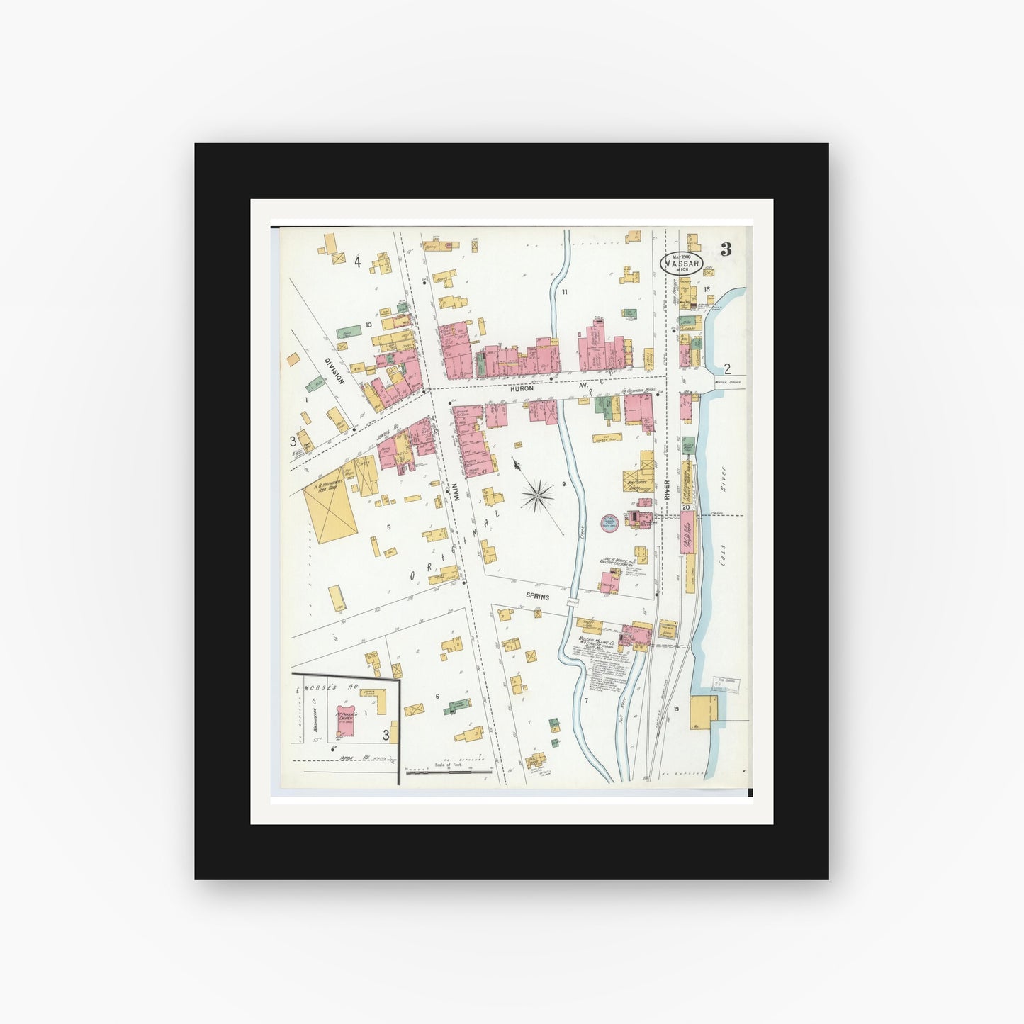 Old map wall art mockup — black gallery frame with white mat — Sanborn Fire Insurance Map from Vassar, Tuscola County, Michigan (1900), Sheet #0003