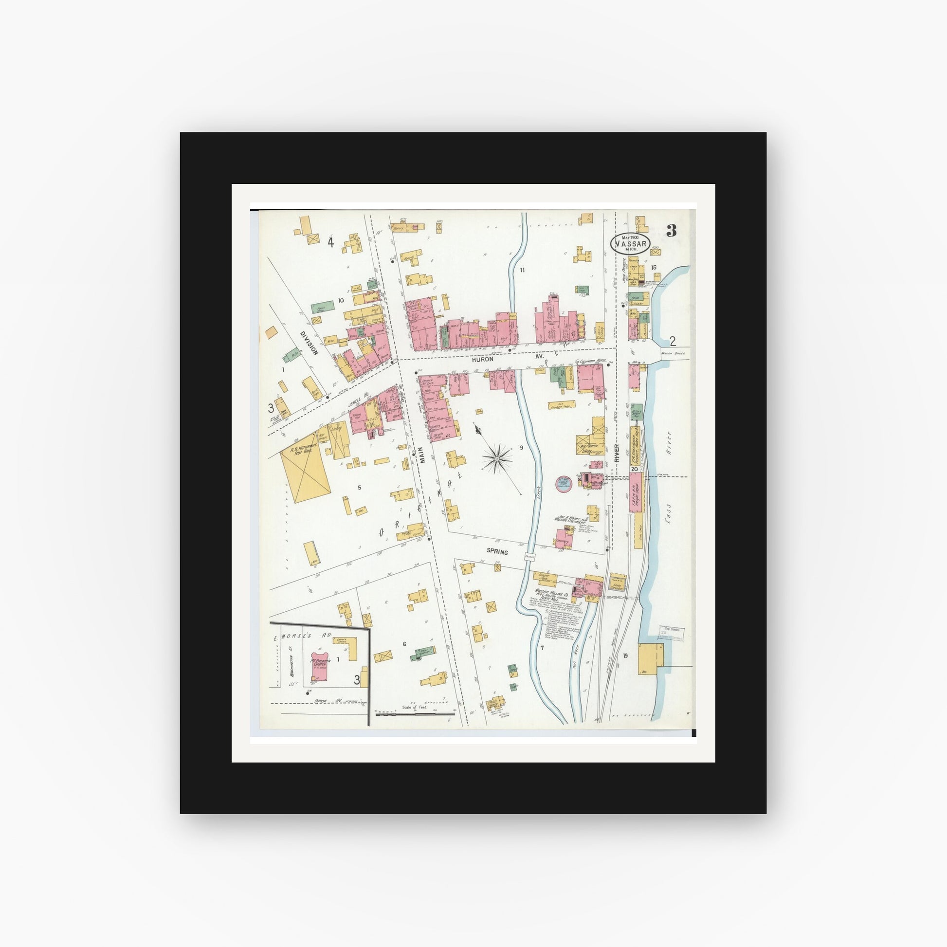 Old map wall art mockup — black gallery frame with white mat — Sanborn Fire Insurance Map from Vassar, Tuscola County, Michigan (1900), Sheet #0003