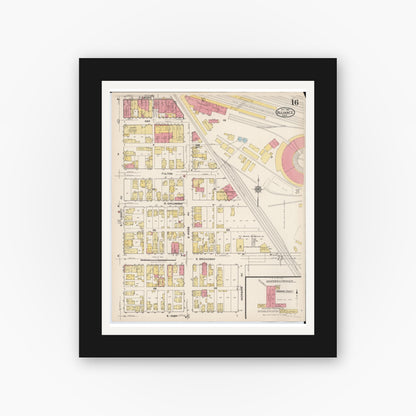 Old map wall art mockup — black gallery frame with white mat — Sanborn Fire Insurance Map from Alliance, Stark County, Ohio (1921), Sheet #0016