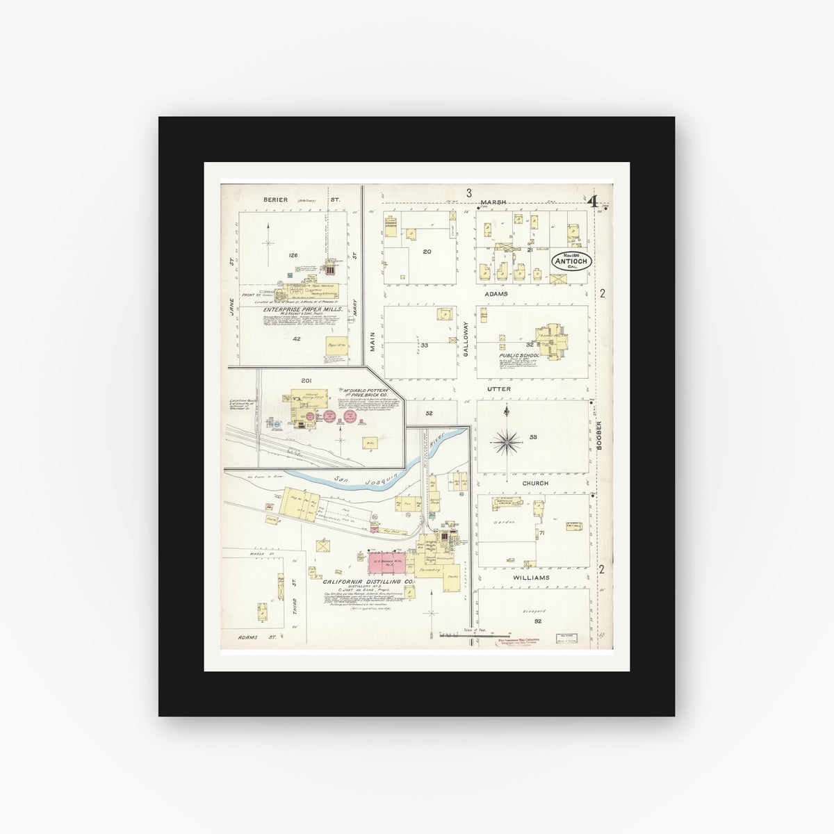 Old map wall art mockup — black gallery frame with white mat — Sanborn Fire Insurance Map from Antioch, Contra Costa County, California (1896), Sheet #0004