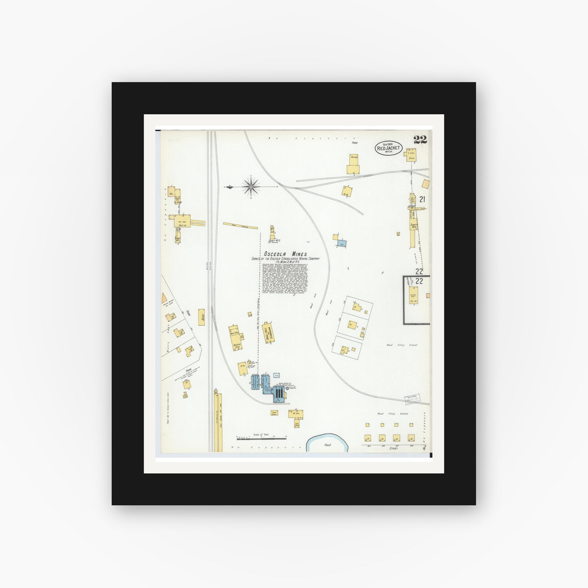 Old map wall art mockup — black gallery frame with white mat — Sanborn Fire Insurance Map from Red Jacket, Houghton County, Michigan (1900), Sheet #0022