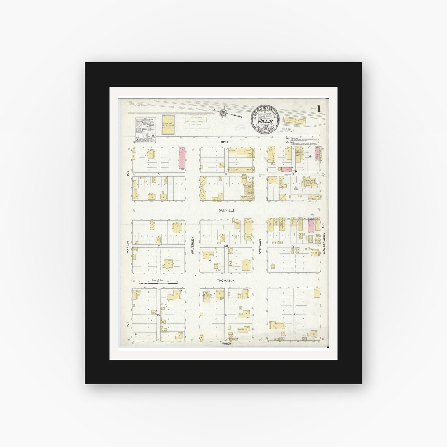 Old map wall art mockup — black gallery frame with white mat — Sanborn Fire Insurance Map from Willis, Montgomery County, Texas (1912) - Complete Map Set