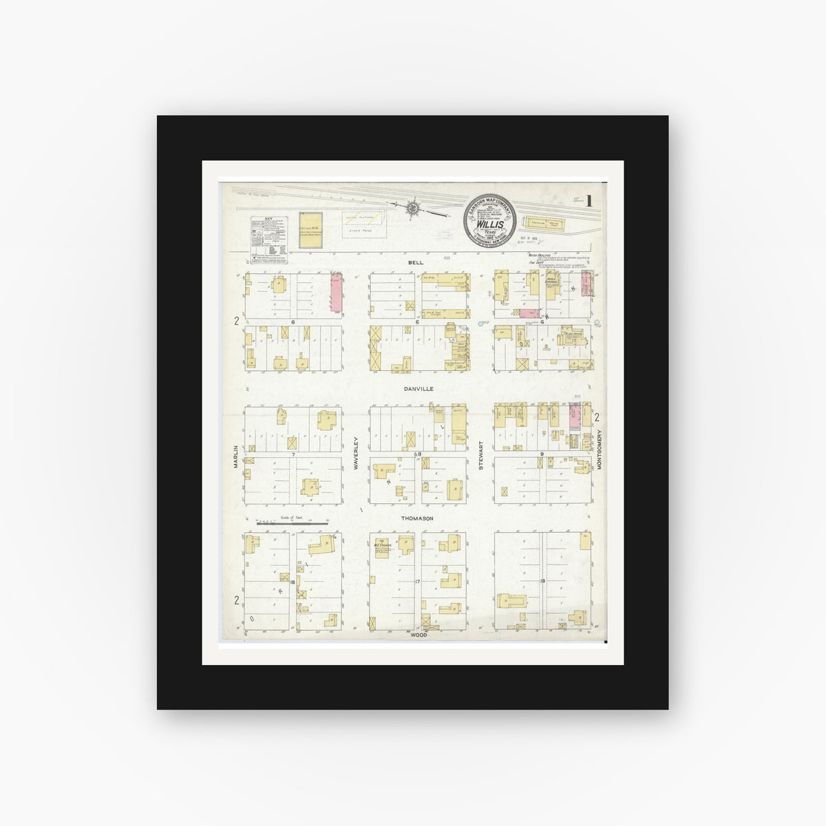 Old map wall art mockup — black gallery frame with white mat — Sanborn Fire Insurance Map from Willis, Montgomery County, Texas (1912) - Complete Map Set