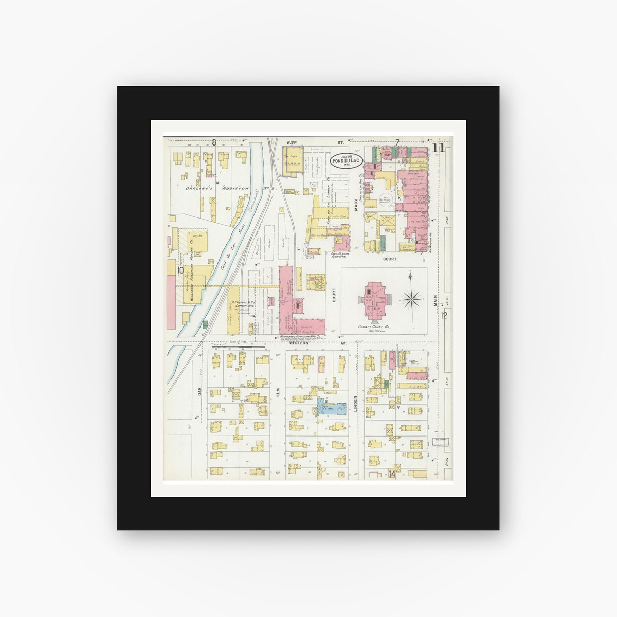 Old map wall art mockup — black gallery frame with white mat — Sanborn Fire Insurance Map from Fond du Lac, Fond du Lac County, Wisconsin (1898), Sheet #0011