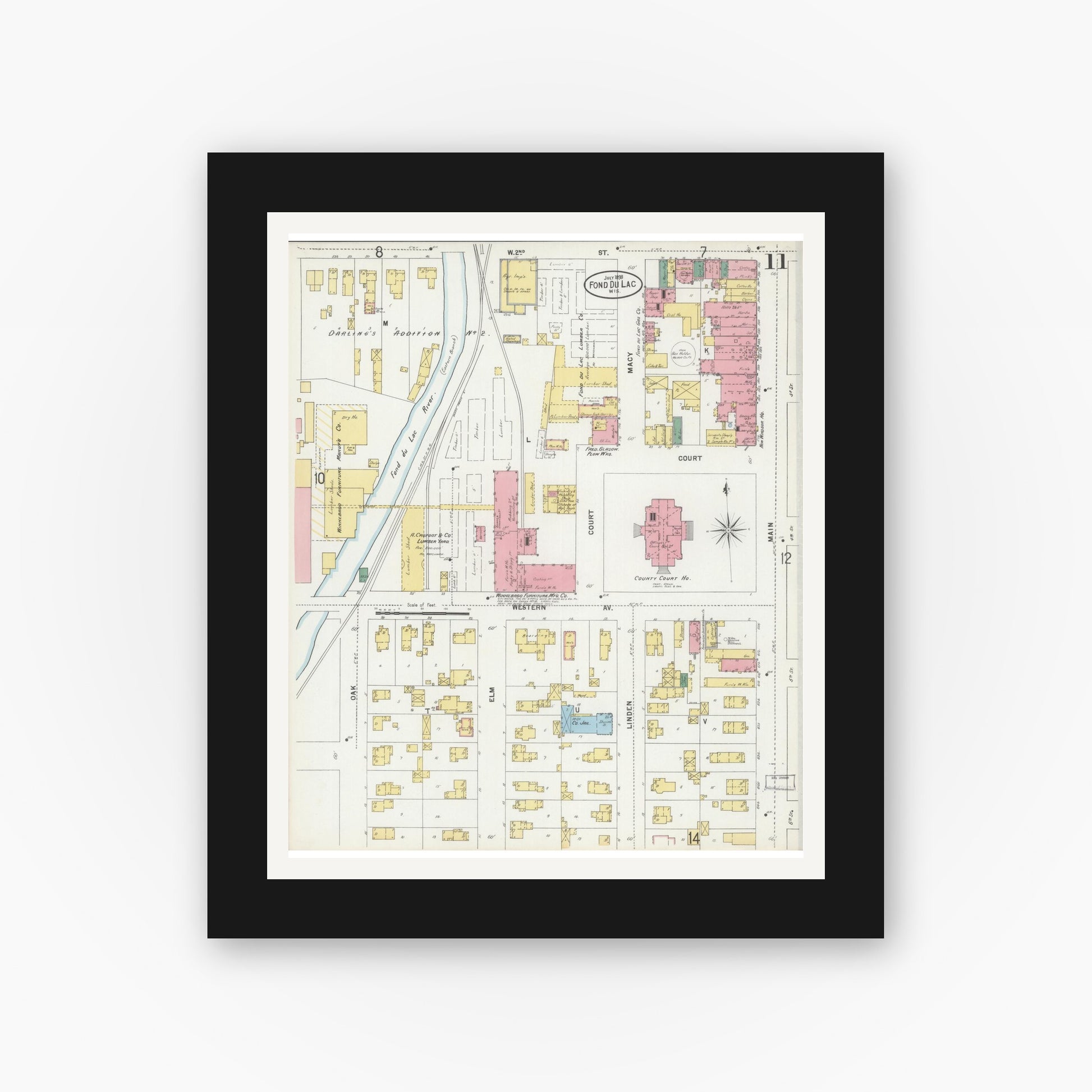 Old map wall art mockup — black gallery frame with white mat — Sanborn Fire Insurance Map from Fond du Lac, Fond du Lac County, Wisconsin (1898), Sheet #0011