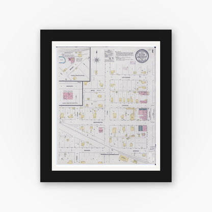 Old map wall art mockup — black gallery frame with white mat — Sanborn Fire Insurance Map from Lancaster, Schuyler County, Missouri (1909), Sheet #0001