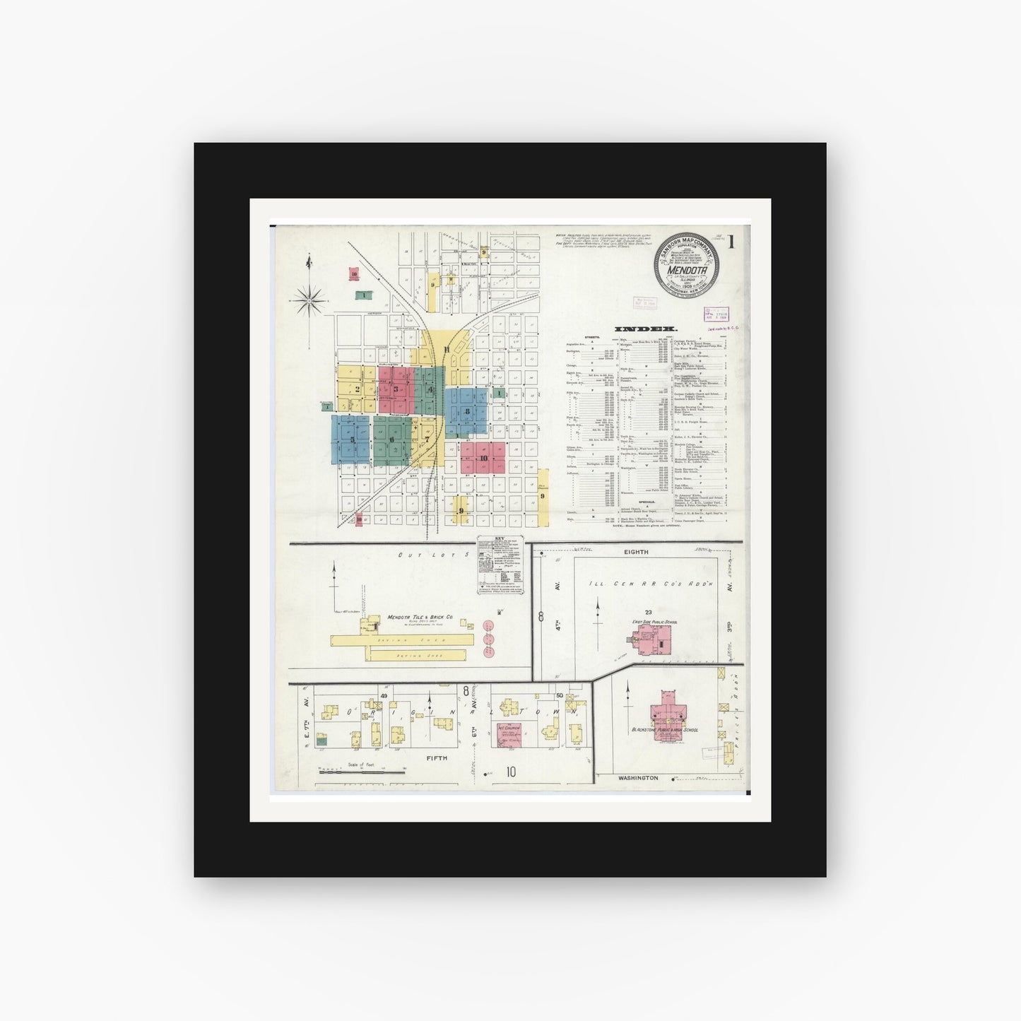 Old map wall art mockup — black gallery frame with white mat — Sanborn Fire Insurance Map from Mendota, La Salle County, Illinois (1909) - Complete Map Set